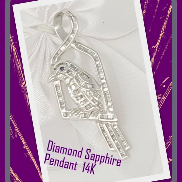 Bird Diamond Sapphire 2.45ctw Pendant 14K White Gold 15gr - Picture 6 of 6